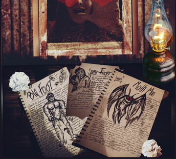 A desk with three illustrated notebooks featuring "Bigfoot," "Spear Finger," and "Moth Man," next to a glowing oil lamp and crumpled paper.