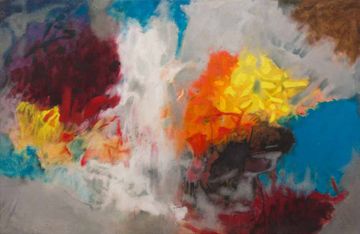 Abstract painting with vibrant colors, including red, yellow, blue, and white, blending and swirling in dynamic patterns.