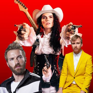 Three people, a woman in a cowboy outfit with guns, and two men, one in a tracksuit and the other in a yellow suit, against a red background.