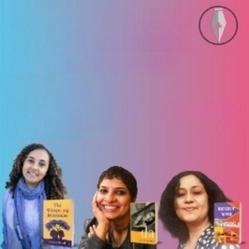 Three people smiling, each holding a book with colorful covers, against a blue to pink gradient background with a quill logo in the top right.