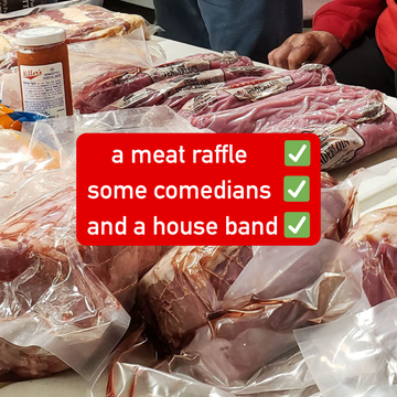 Sealed packages of raw meat are laid out on a table, with various cuts visible and people standing nearby in an indoor setting.