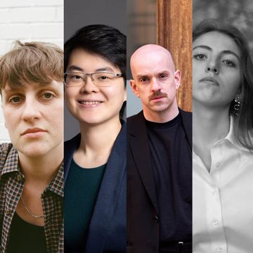 Four individuals in separate portraits: a person with short hair in checkered shirt, a person with glasses in a blazer, a bald person in black, and a person in a white shirt.