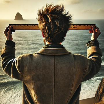 A person in a coat stands on a cliff overlooking the ocean, holding a ruler horizontally with a distant rock formation visible across the water.