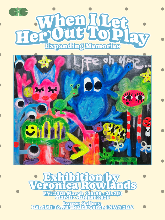 Colorful, abstract painting with cartoon-like figures on a beige exhibition poster. Text: "When I Let Her Out to Play" by Veronica Rowlands.