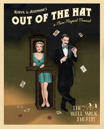 A theatrical poster shows a magician in a tuxedo performing beside an assistant standing in a decorative box, with playing cards and roses scattered around.