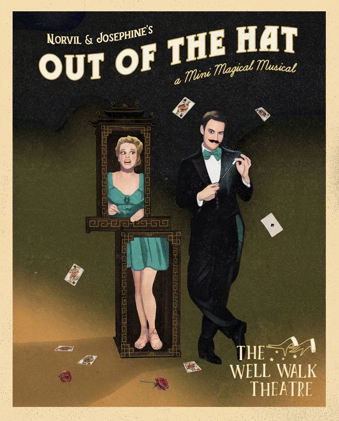 A theatrical poster shows a magician in a tuxedo performing beside an assistant standing in a decorative box, with playing cards and roses scattered around.