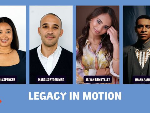 Four people in separate portrait photos, each facing the camera; two wear dark tops, one wears a patterned shirt, and one wears a dark jacket with a beaded necklace. ‘Legacy in Motion’ is written below.