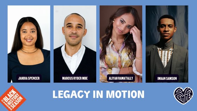 Four people in separate portrait photos, each facing the camera; two wear dark tops, one wears a patterned shirt, and one wears a dark jacket with a beaded necklace. ‘Legacy in Motion’ is written below.