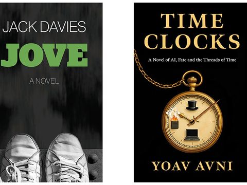Two book covers: "Jove" by Jack Davies shows sneakers, and "Time Clocks" by Yoav Avni features a vintage clock with gears.