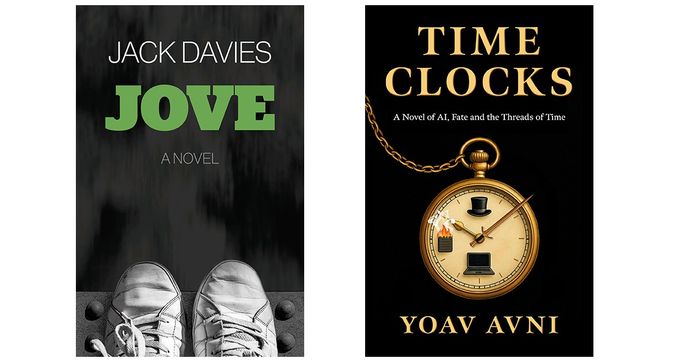 Two book covers: "Jove" by Jack Davies shows sneakers, and "Time Clocks" by Yoav Avni features a vintage clock with gears.