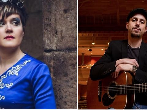 Side-by-side portraits: one person in a blue embroidered outfit, another holding acoustic guitar indoors.