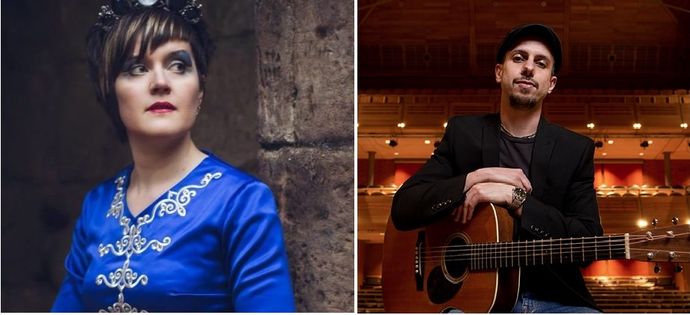 Side-by-side portraits: one person in a blue embroidered outfit, another holding acoustic guitar indoors.