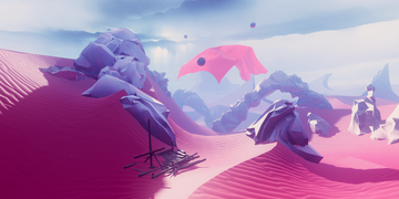 Surreal pink desert landscape with large rocks, floating fabric, and distant arches under a cloudy sky.