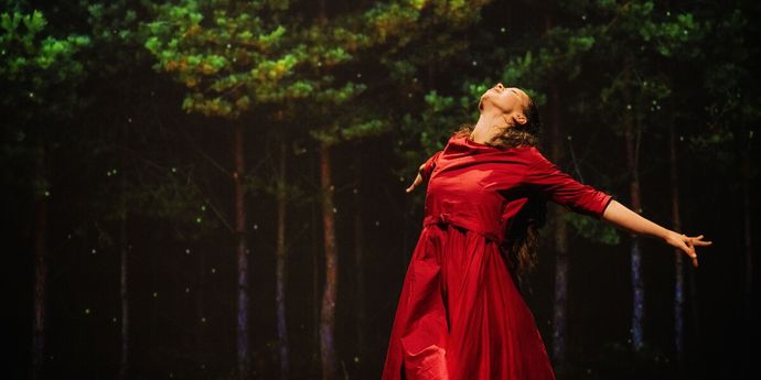 A dancer in a flowing red dress dances gracefully in a forest at night, with trees and small lights in the background.
