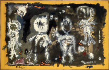 Abstract painting with ghostly, white figures on a dark background, accented by hints of red and blue. Signed "Riberz 65".