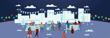 Illustration of a festive outdoor market at night with people walking, shopping, and interacting under string lights and city skyline.