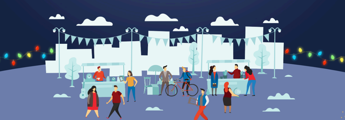 Illustration of a festive outdoor market at night with people walking, shopping, and interacting under string lights and city skyline.