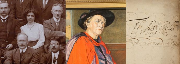 A collage featuring historical figures, an oil painting of an individual in a hat and robe, and elegant script text on aged paper.