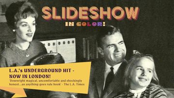 Vintage-style promotional poster with "SLIDESHOW" in colorful text, featuring a smiling family and a review excerpt in yellow and gray.