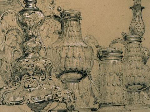 Vintage sketch of ornate, decorative vessels with intricate details and curves, including candlesticks and jugs, on a neutral background.