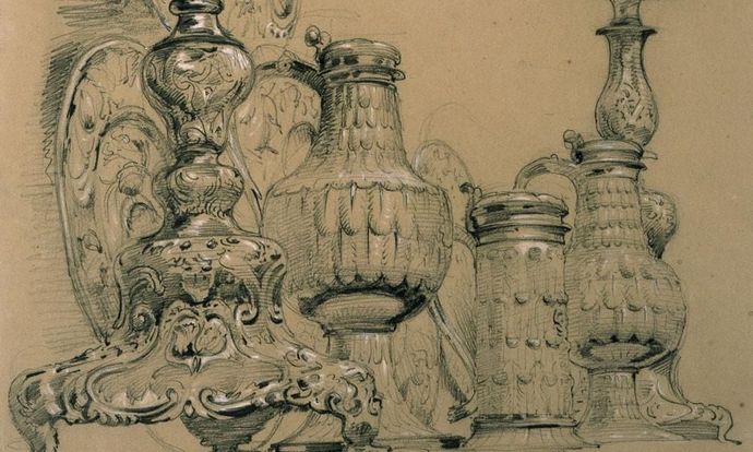 Vintage sketch of ornate, decorative vessels with intricate details and curves, including candlesticks and jugs, on a neutral background.