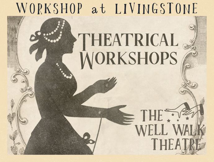 Silhouette of a woman in pearls, advertising theatrical workshops at The Well Walk Theatre, framed by decorative floral patterns.