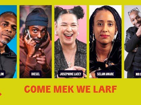 Five people in portrait-style photos with their names labelled below each, against a yellow background with the text 'COME MEK WE LARF' and a Black History Season logo visible.