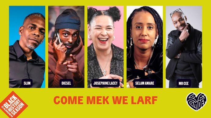 Five people in portrait-style photos with their names labelled below each, against a yellow background with the text 'COME MEK WE LARF' and a Black History Season logo visible.