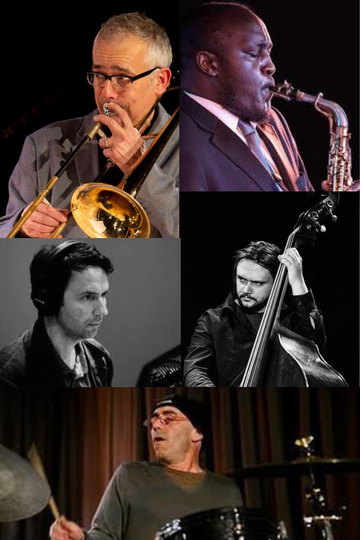 Collage of five musicians playing instruments: trombone, saxophone, piano, double bass, and drums, each in a performance setting.