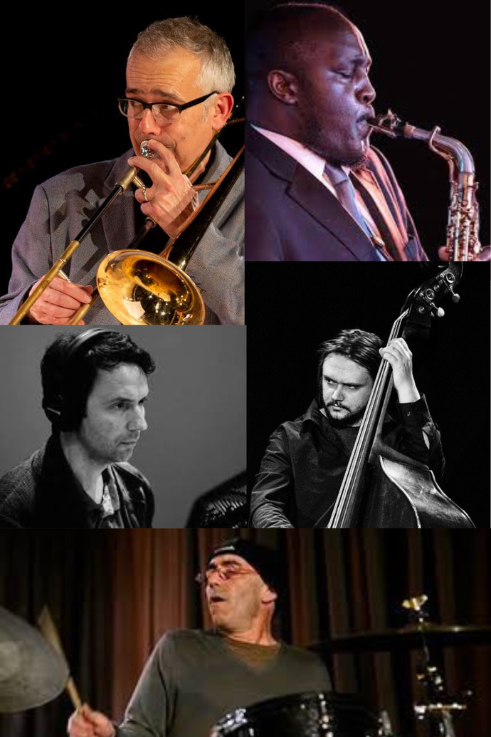 Collage of five musicians playing instruments: trombone, saxophone, piano, double bass, and drums, each in a performance setting.