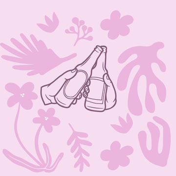 Pink back round with two clinking beer bottles