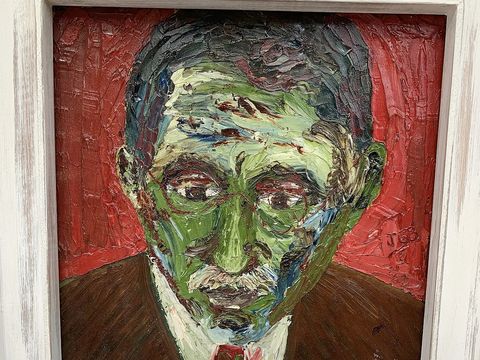 Expressive portrait of a person painted with thick textured brushstrokes, vivid colours, glasses, suit, and red background.