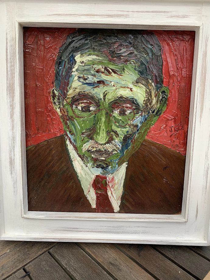 Expressive portrait of a person painted with thick textured brushstrokes, vivid colours, glasses, suit, and red background.