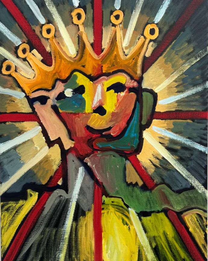 An abstract painting of a crown on a head