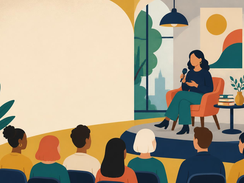Person seated on a stage with a microphone, speaking to an audience in a room lined with bookshelves and plants.