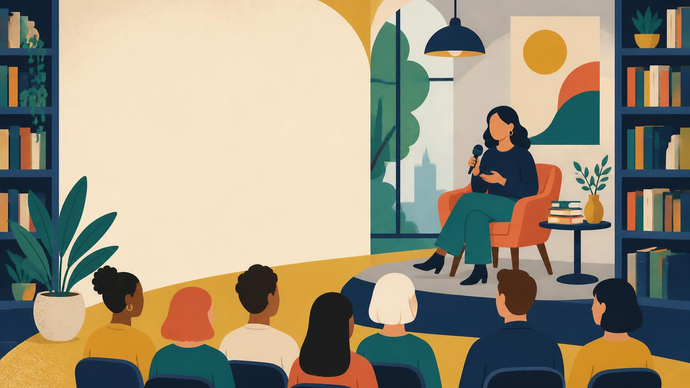 Person seated on a stage with a microphone, speaking to an audience in a room lined with bookshelves and plants.