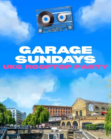 A cassette tape floats above a cityscape with "Garage Sundays UKG Rooftop Party" text. Buildings and a canal are below under a bright blue sky.
