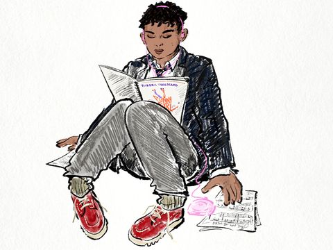 Illustrated figure sitting cross-legged reading sheet music, wearing red shoes, surrounded by scattered papers