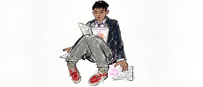 Illustrated figure sitting cross-legged reading sheet music, wearing red shoes, surrounded by scattered papers