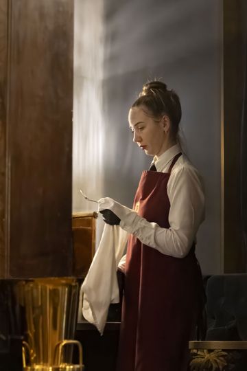 A woman in a burgundy apron, polishing a glass with a cloth in dim, warm lighting, stands by a wooden surface, focused on her task.