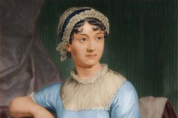 A historical-style portrait shows a woman wearing a light blue dress and a ruffled bonnet against a dark, textured backdrop.