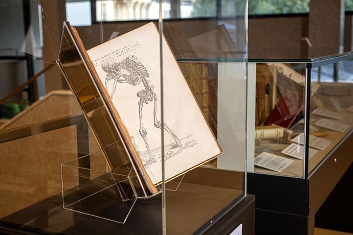 An open book displayed in a glass case, featuring a detailed illustration of a human skeleton on the visible page.