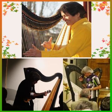 Three images of a person playing a harp in different settings, wearing varied outfits, with a decorative leaf border.