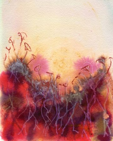 Abstract watercolor with red, purple, and orange hues, featuring organic, plant-like forms reaching upward against a soft gradient background.