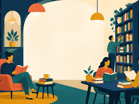People reading books and selecting from bookshelves in a colourful library setting with plants and warm lighting.