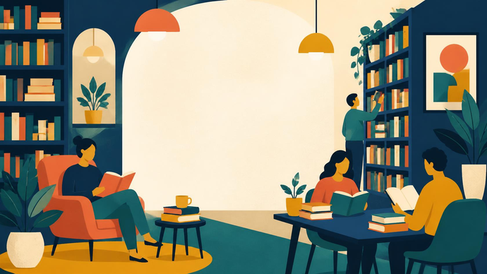 People reading books and selecting titles from bookshelves in a cosy, modern library setting with plants and warm lighting.