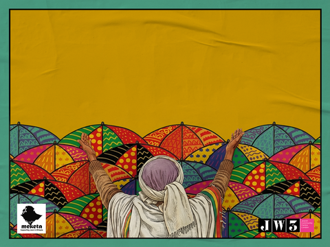 Person with raised arms stands before a vibrant display of colourful umbrellas and artwork.