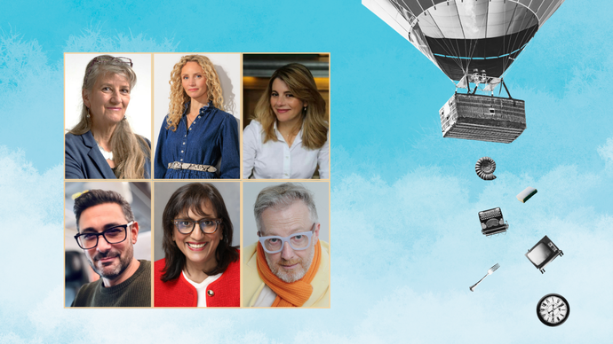 Collage of six people on a blue sky background with a hot air balloon and floating items like a clock and laptop.