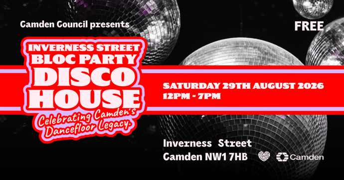 Disco balls in background with text INVERNESS STREET BLOC PARTY DISCO HOUSE in bright red and purple and white font