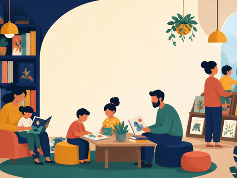 People and children reading and looking at books and artwork in a room with plants and bookshelves.